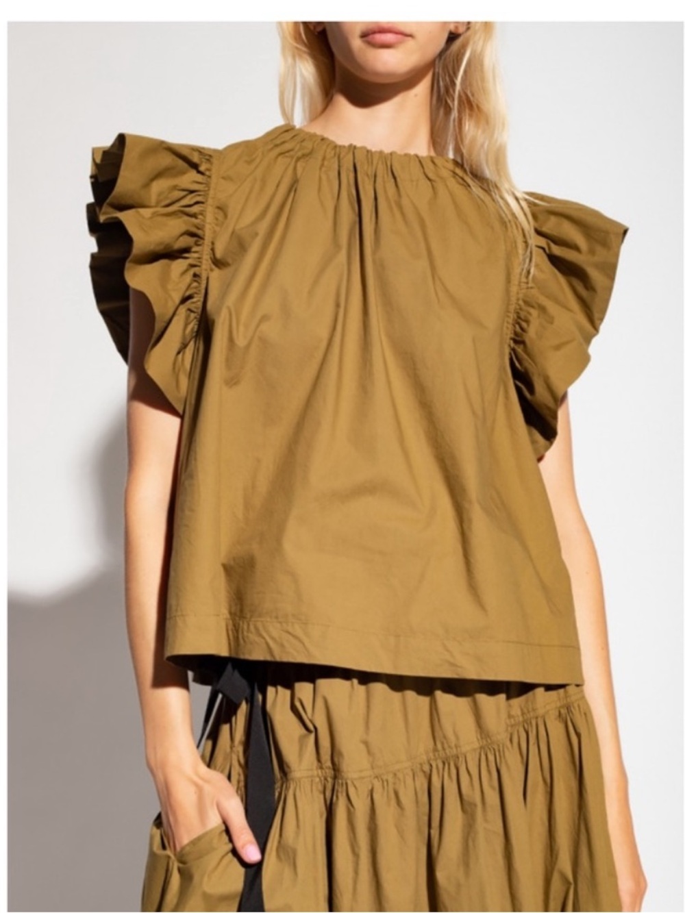Ulla Johnson Ruffled Sleeve Cotton Top in Olive